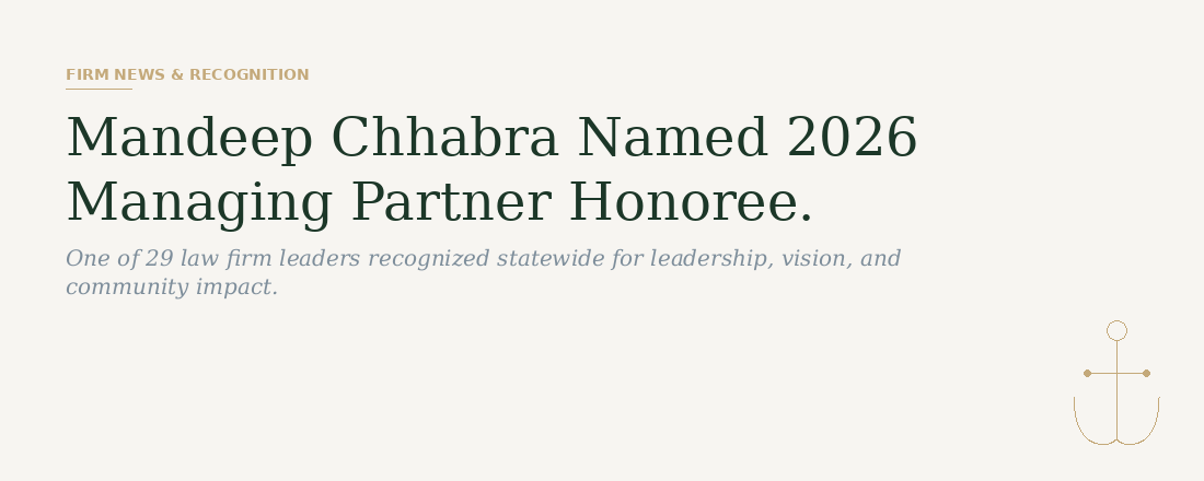 Mandeep Chhabra named 2026 Managing Partners honoree by The Daily Record — Cochran and Chhabra Law Group Annapolis Maryland